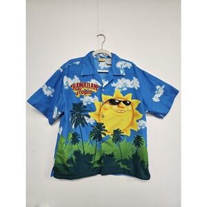 Hawaiian Tropic Shirt Mens Large Blue Hawaiian Aloha Camp Button Front Sun